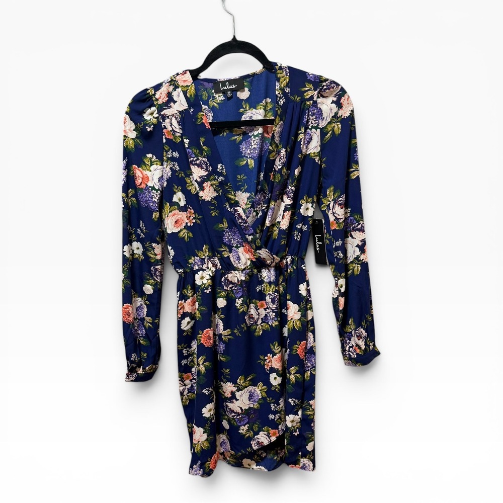 Lulus Mini Dress Women XS Navy Blue New Floral Long Sleeve Surplice V-Neck